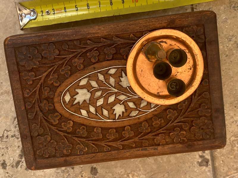 Brass dollhouse miniature bottle tray and cups ASC brass Rhodesia in vintage inlaid trinket box