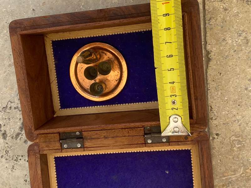 Brass dollhouse miniature bottle tray and cups ASC brass Rhodesia in vintage inlaid trinket box