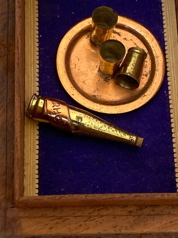 Brass dollhouse miniature bottle tray and cups ASC brass Rhodesia in vintage inlaid trinket box