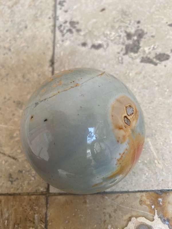 Jasper Polished precious stone sphere 8 cm diameter 24 c, circumference on carved wood base