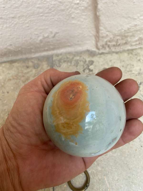 Jasper Polished precious stone sphere 8 cm diameter 24 c, circumference on carved wood base