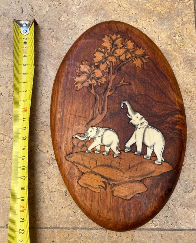 Vintage rosewood inlaid bone elephants made in India wall plaque