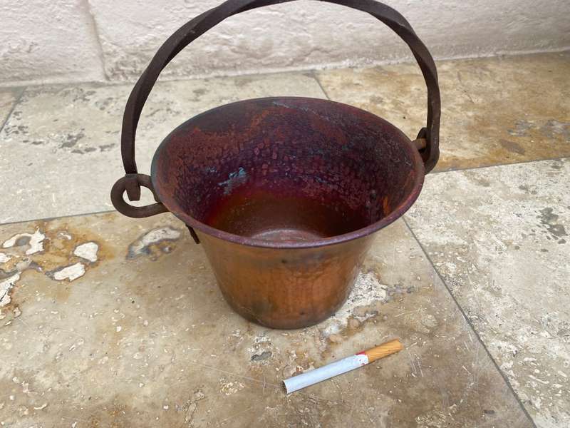 vintage hammered copper cauldron planter with wrought iron handle