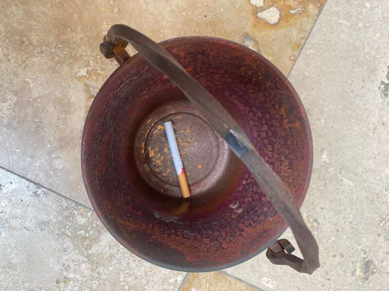 vintage hammered copper cauldron planter with wrought iron handle