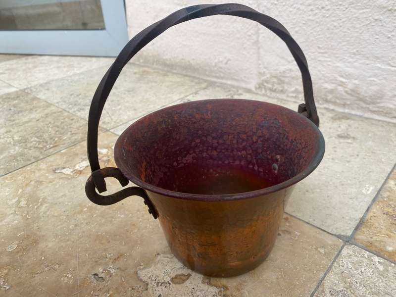 vintage hammered copper cauldron planter with wrought iron handle