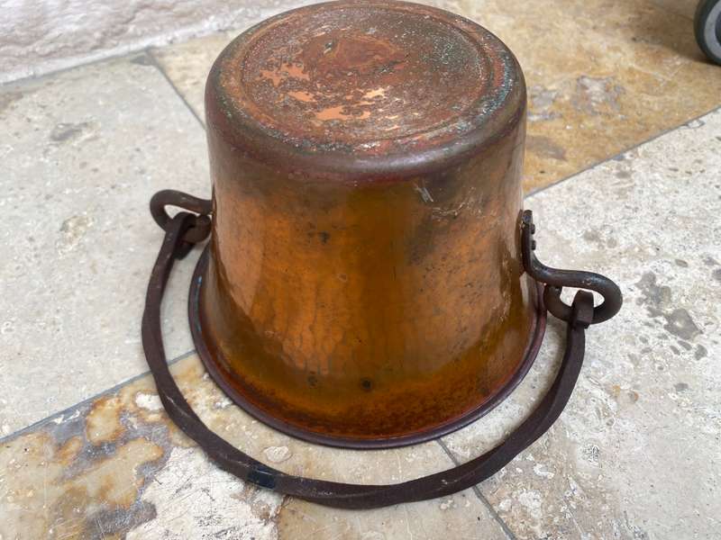 vintage hammered copper cauldron planter with wrought iron handle