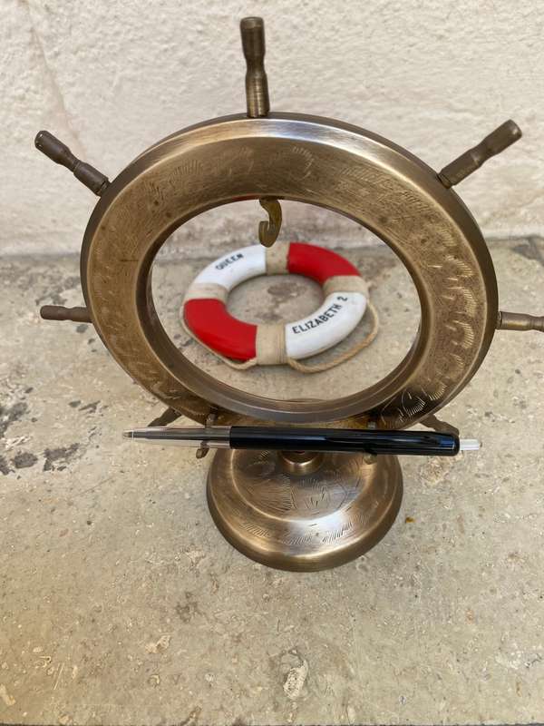 Vintage ships wheel brass pen holder nautical life buoy QE2