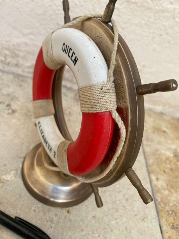 Vintage ships wheel brass pen holder nautical life buoy QE2