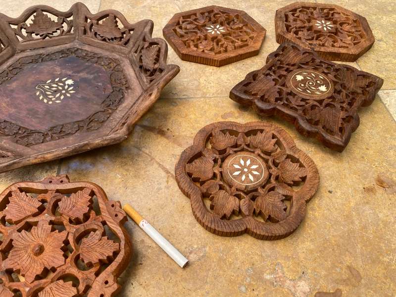 Vintage sheesham bowl and trivet lot inlay inlaid India