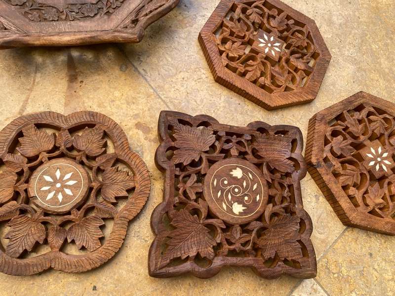 Vintage sheesham bowl and trivet lot inlay inlaid India