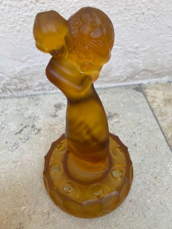 Vintage frosted glass flower frog art deco lady