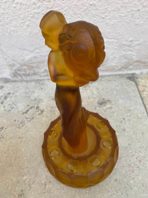 Vintage frosted glass flower frog art deco lady