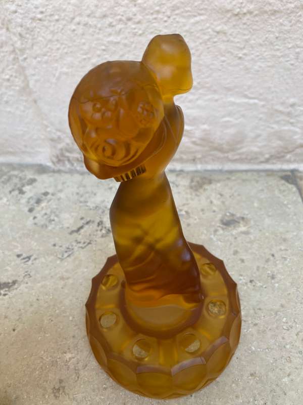 Vintage frosted glass flower frog art deco lady