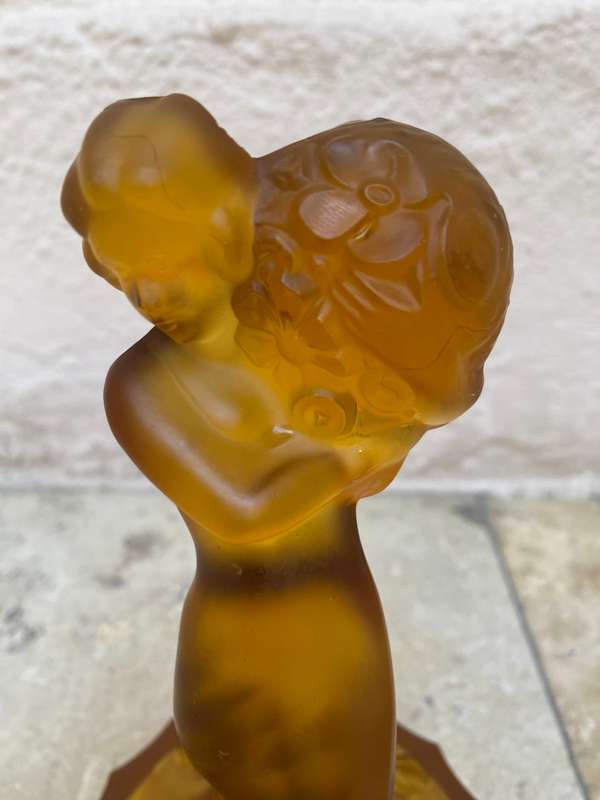 Vintage frosted glass flower frog art deco lady
