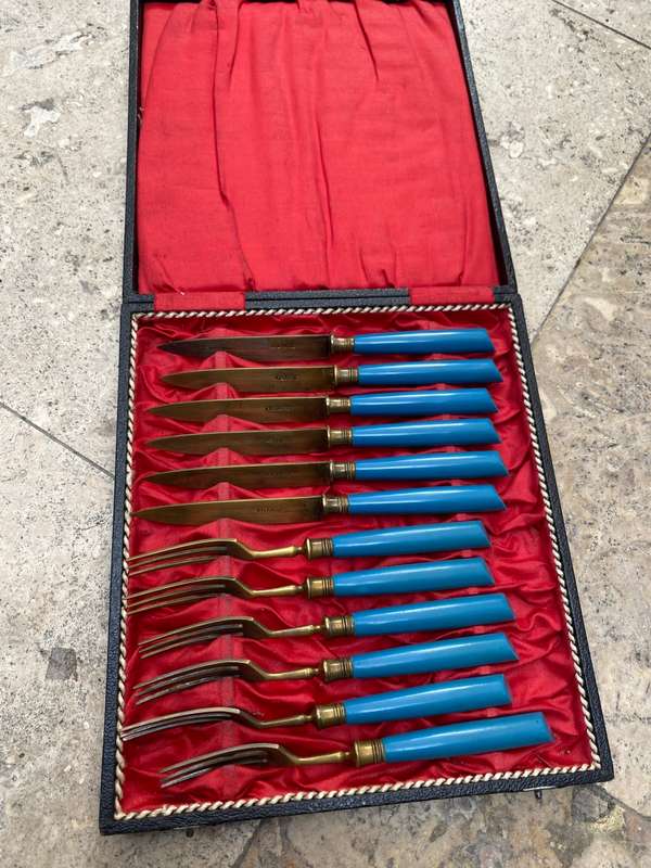 Vintage retro Atlantic Cutlery German Brass Knife Set, Set of 12 in box