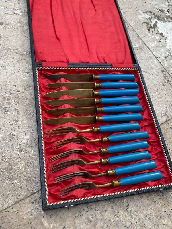 Vintage retro Atlantic Cutlery German Brass Knife Set, Set of 12 in box