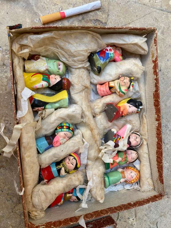 Vintage Chinese figurine lot of 12 in national outfits , clay and hand painted in box