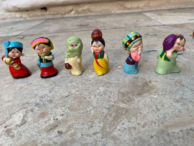 Vintage Chinese figurine lot of 12 in national outfits , clay and hand painted in box