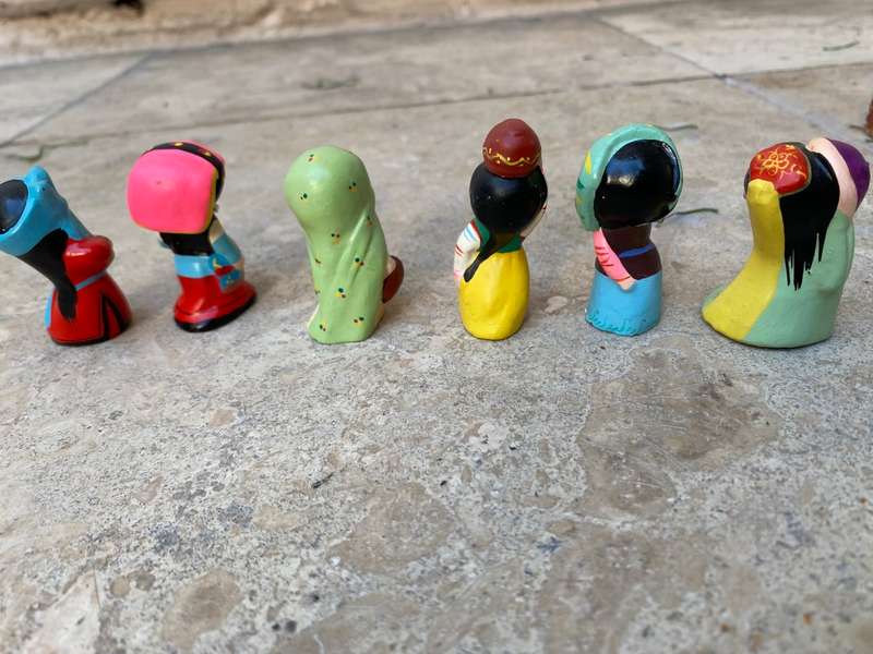 Vintage Chinese figurine lot of 12 in national outfits , clay and hand painted in box