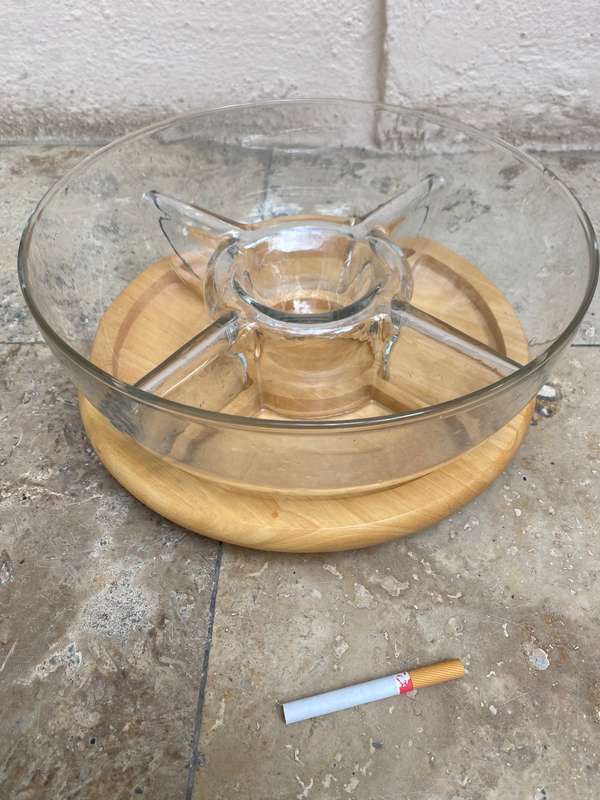 Vintage lazy Susan beech wood with 5 compartment glass.bowl dish
