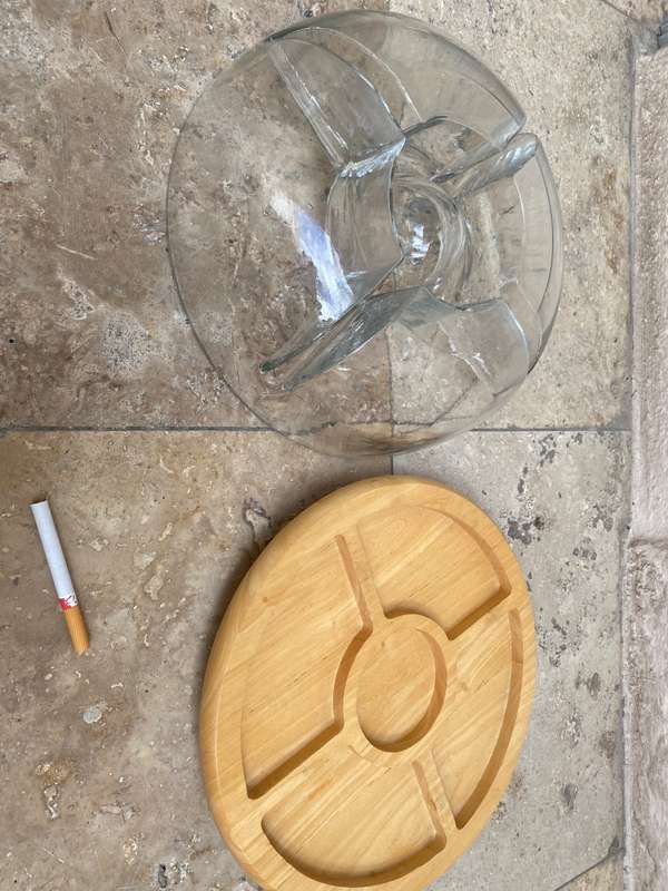 Vintage lazy Susan beech wood with 5 compartment glass.bowl dish