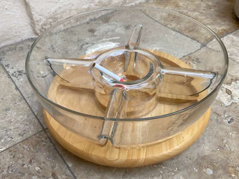 Vintage lazy Susan beech wood with 5 compartment glass.bowl dish