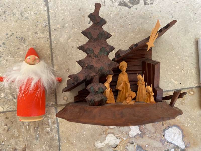 Vintage hand carved nativity set with tree ornaments Sweden germany