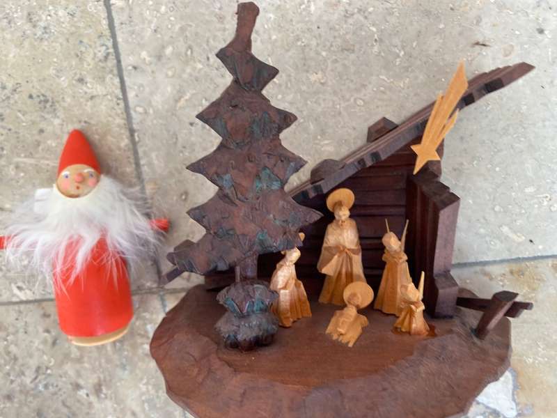 Vintage hand carved nativity set with tree ornaments Sweden germany