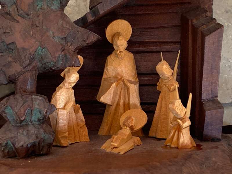 Vintage hand carved nativity set with tree ornaments Sweden germany