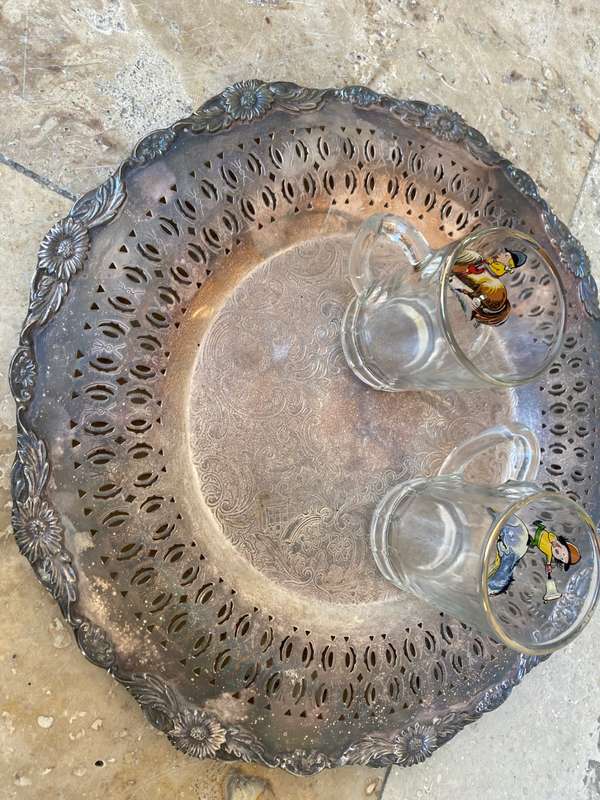 Vintage B M Mounts  small ornate drinks tray primrose plate on copper numbered