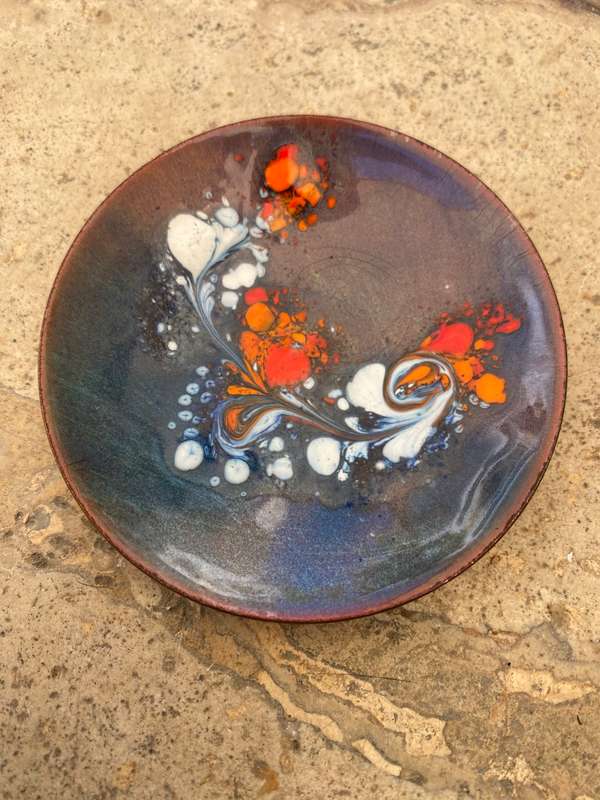 Vintage Hand Enamelled psychedelic art Copper Trinket Pin Dish Odyn Copr Snowdonia