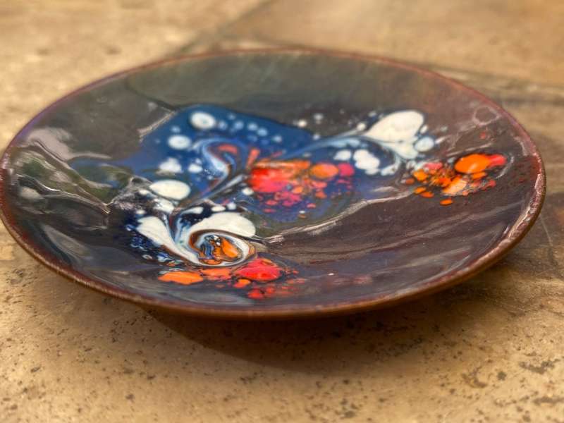 Vintage Hand Enamelled psychedelic art Copper Trinket Pin Dish Odyn Copr Snowdonia