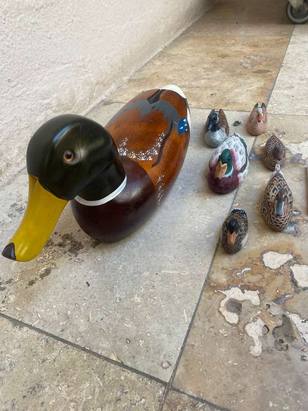 Vintage wooden mallard duck hand painted with 6 ducklings decor duck family