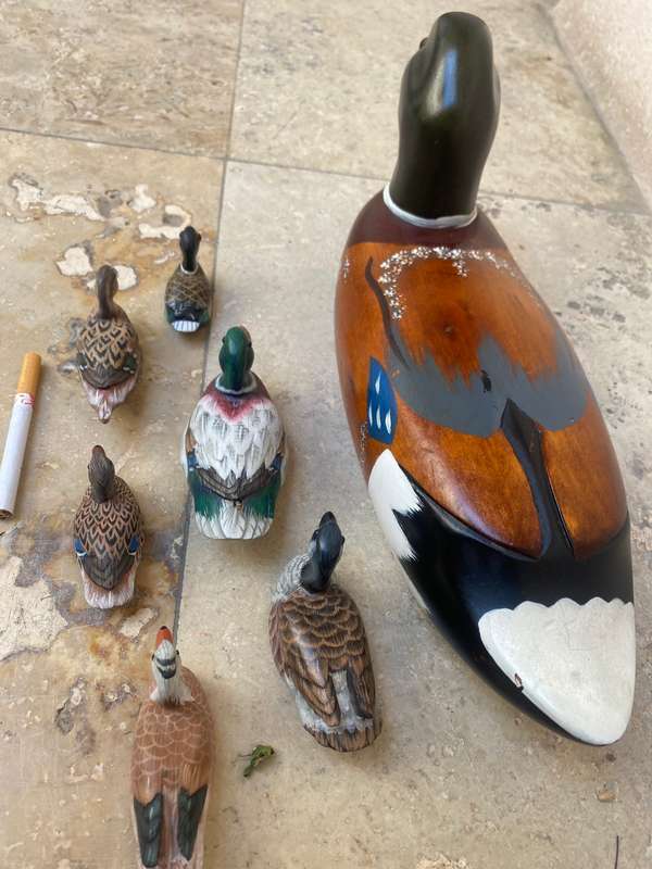 Vintage wooden mallard duck hand painted with 6 ducklings decor duck family