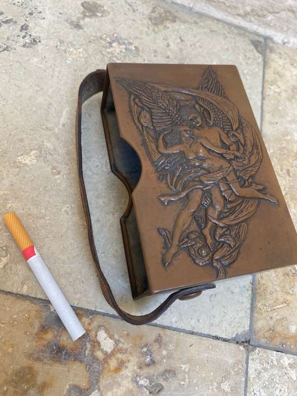 Antique copper bible box angelic three dimensional with leather strap