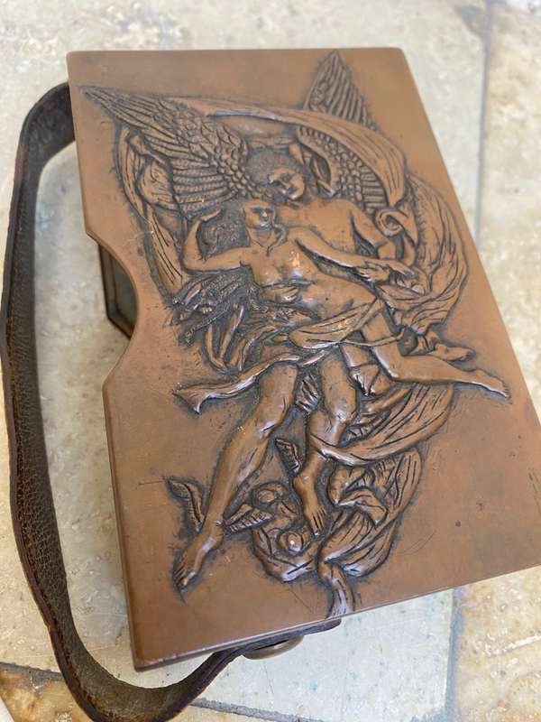 Antique copper bible box angelic three dimensional with leather strap