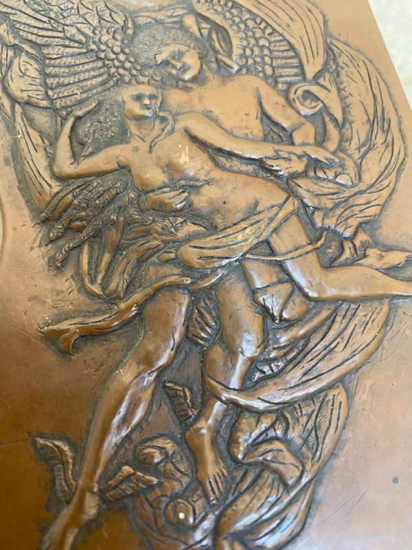 Antique copper bible box angelic three dimensional with leather strap