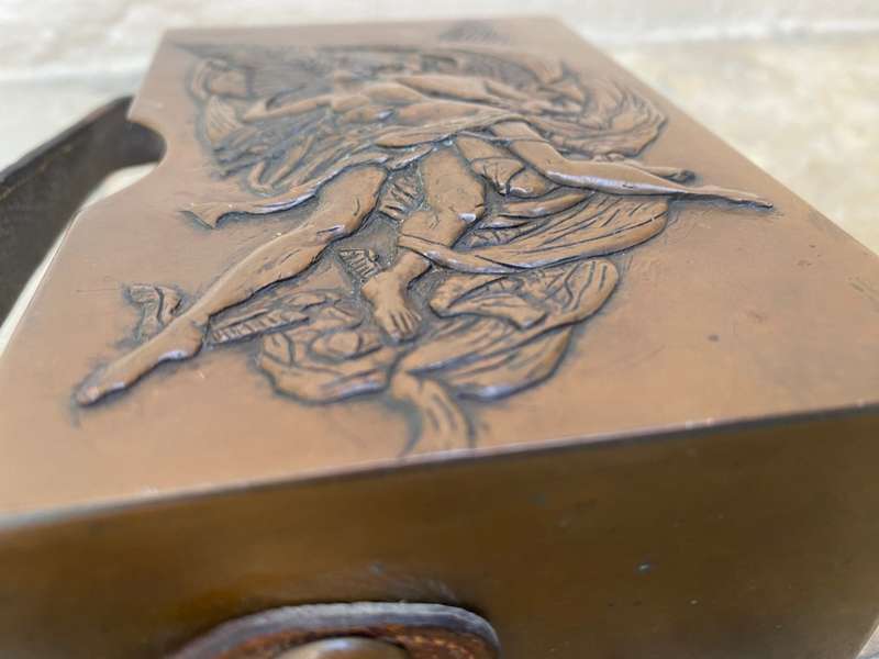 Antique copper bible box angelic three dimensional with leather strap