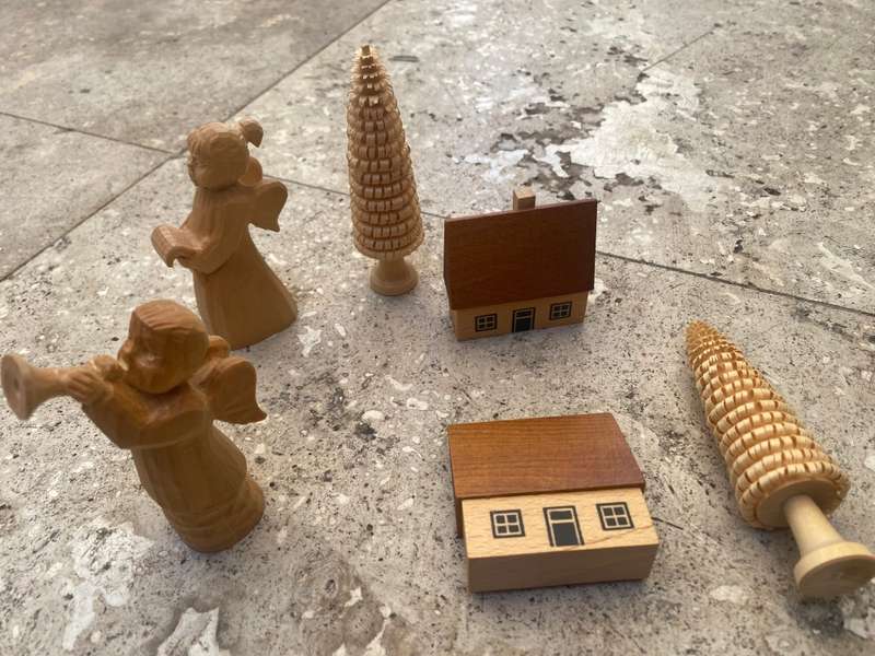 Vintage erzgebirge Christmas pyramid extras lot of tree trees house pair of wooden angels German