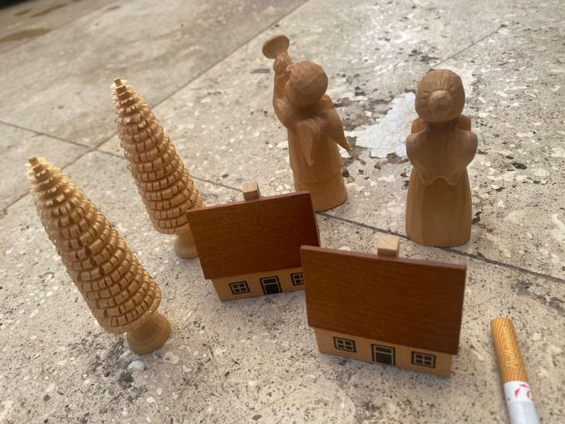 Vintage erzgebirge Christmas pyramid extras lot of tree trees house pair of wooden angels German