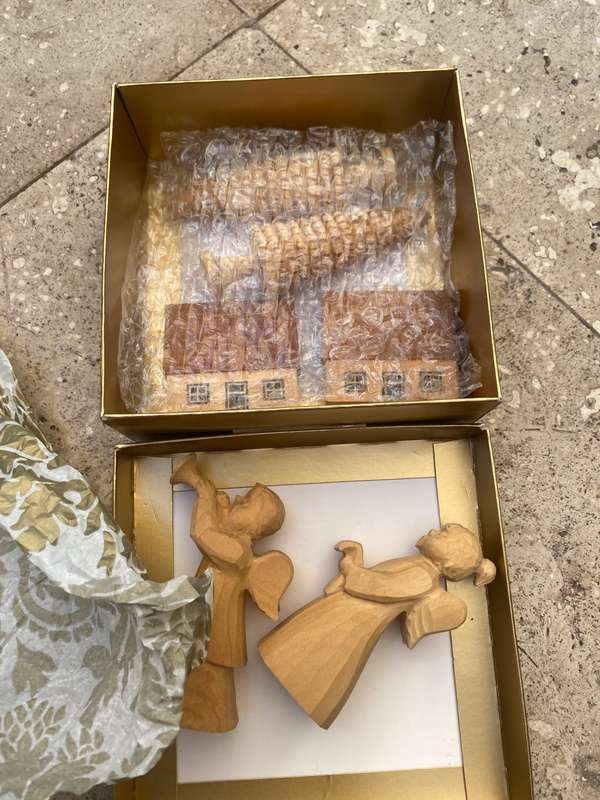 Vintage erzgebirge Christmas pyramid extras lot of tree trees house pair of wooden angels German