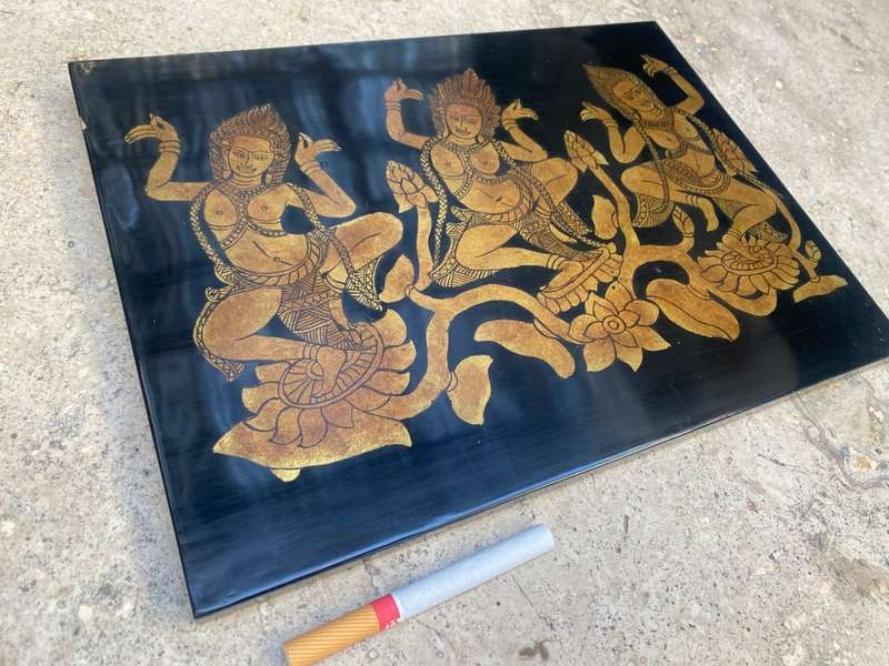 Indian hindu apsaras lotus gold lacquer plaque wall hanging