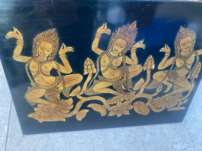 Indian hindu apsaras lotus gold lacquer plaque wall hanging
