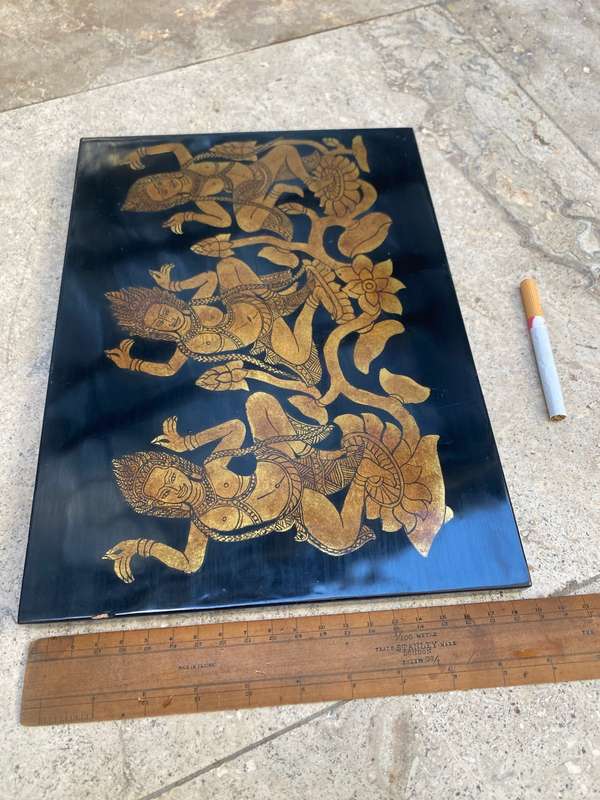 Indian hindu apsaras lotus gold lacquer plaque wall hanging
