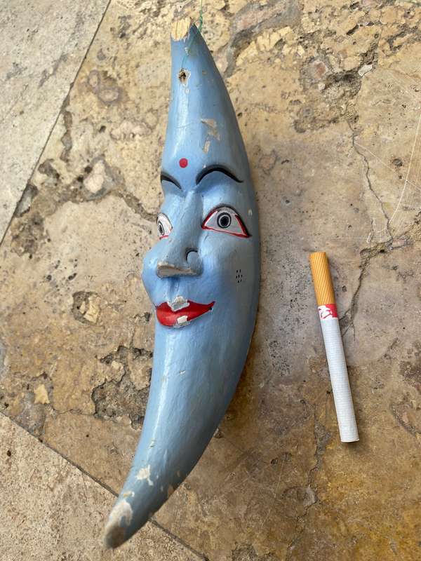 Vintage crescent moon character  wood hand carved hand painted folk art