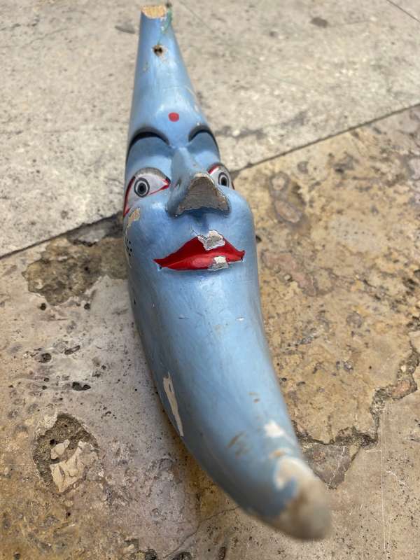Vintage crescent moon character  wood hand carved hand painted folk art