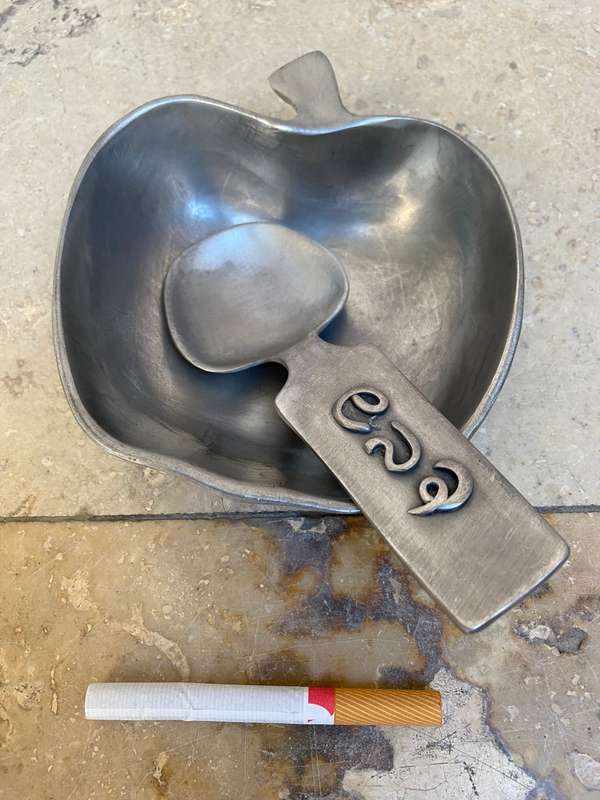 Vintage  PEWTER APPLE BOWL with spoon - TERUFIM STUDIOS - MADE IN ISRAEL