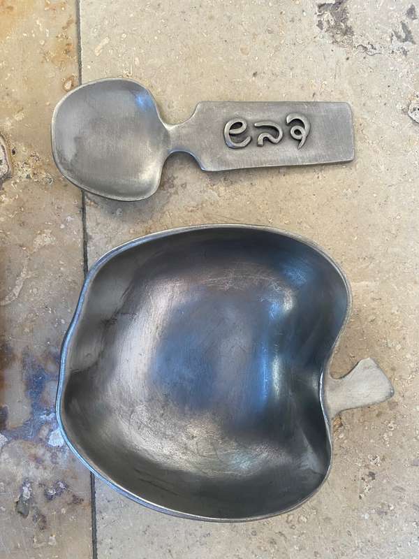 Vintage  PEWTER APPLE BOWL with spoon - TERUFIM STUDIOS - MADE IN ISRAEL