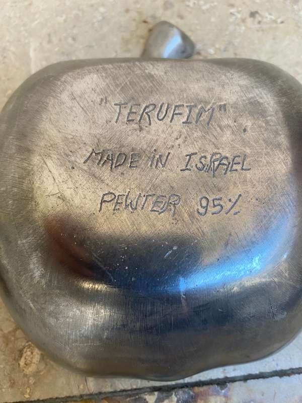 Vintage  PEWTER APPLE BOWL with spoon - TERUFIM STUDIOS - MADE IN ISRAEL