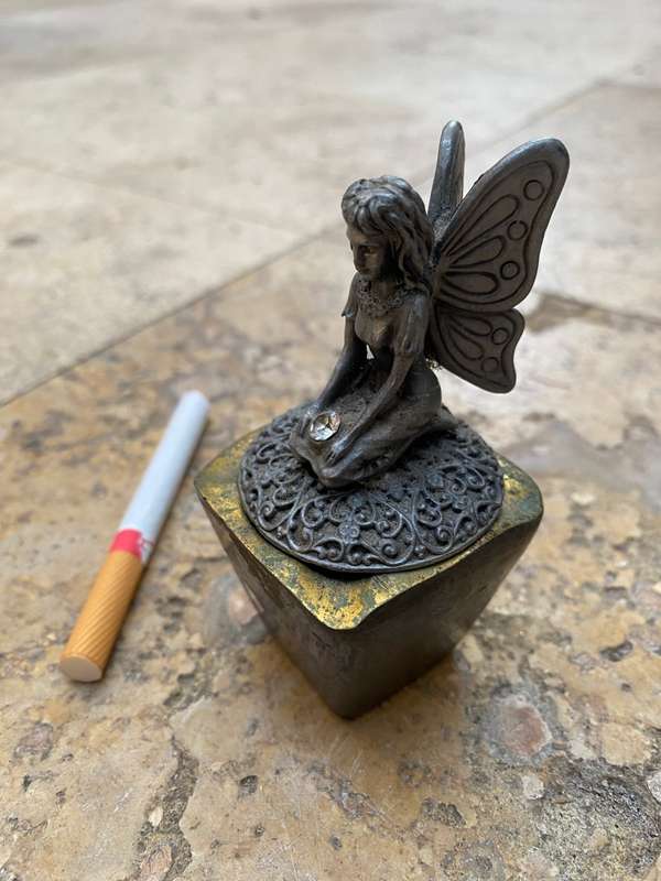 Pewter fairy angel on brass pedestal ashtray myth and magic trinket box